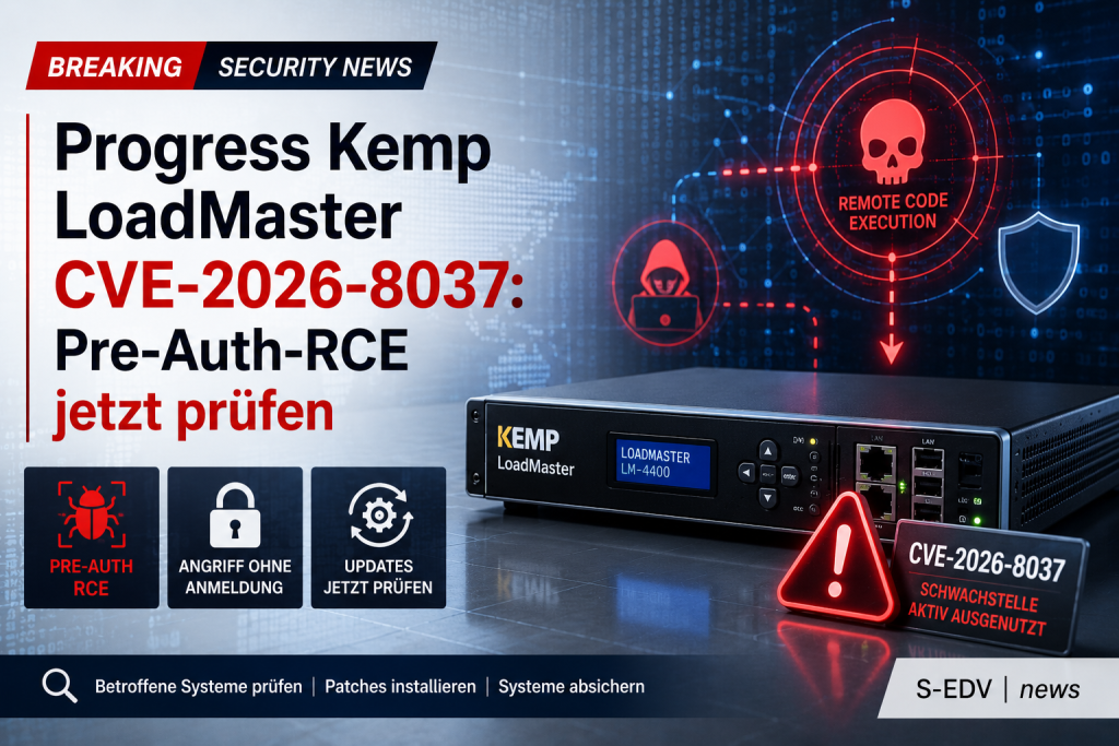 Professionelle IT News Grafik zu Progress Kemp LoadMaster mit der kritischen Sicherheitslücke CVE 2026 8037. Die Darstellung zeigt einen Load Balancer mit Warnsymbolen, Cyberangriffs Visualisierungen und einem Hinweis auf eine Pre Auth Remote Code Executi