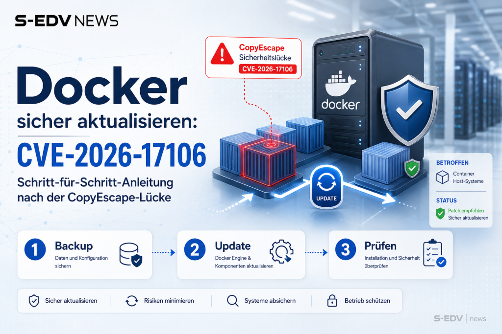 Docker sicher aktualisieren nach der CopyEscape Lücke CVE-2026-17106 mit Backup, Update und Sicherheitsprüfung von Containern und Host System.