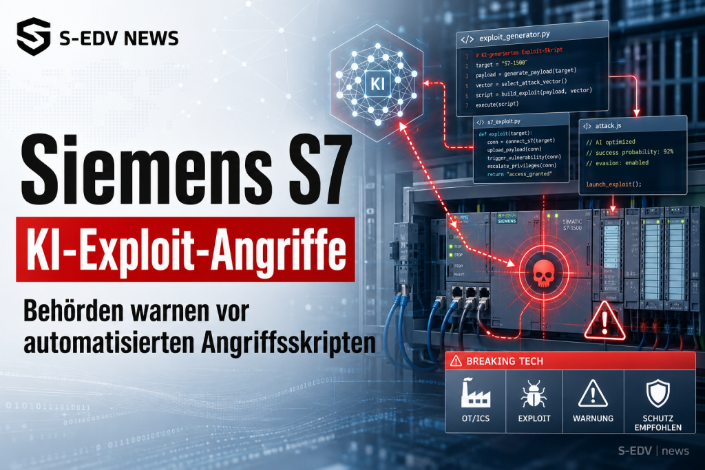 Siemens S7 Steuerungen im Visier KI generierter Exploit Skripte mit visualisiertem Cyberangriff auf industrielle OT und ICS Systeme.