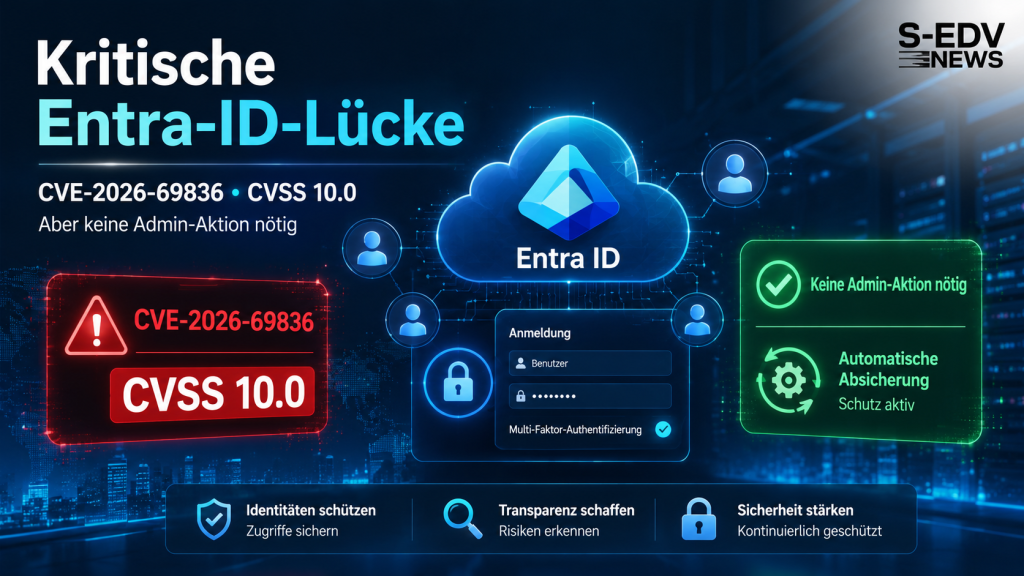 Kritische Microsoft Entra ID Sicherheitslücke CVE-2026-69836 mit CVSS 10.0, dargestellt mit Identitätsschutz, Login Absicherung und Hinweis, dass keine Admin Aktion erforderlich ist.