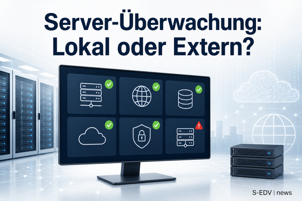 Monitoring-Dashboard-Illustration mit Server-Status-Anzeigen zum Thema Server-Ueberwachung lokal oder extern