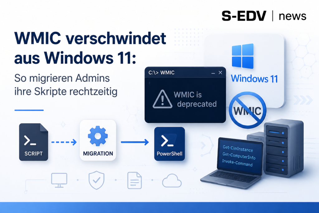 WMIC verschwindet aus Windows 11: Grafik zur Migration bestehender WMIC Skripte auf PowerShell mit Terminal, Windows 11 und Server Symbolen.
