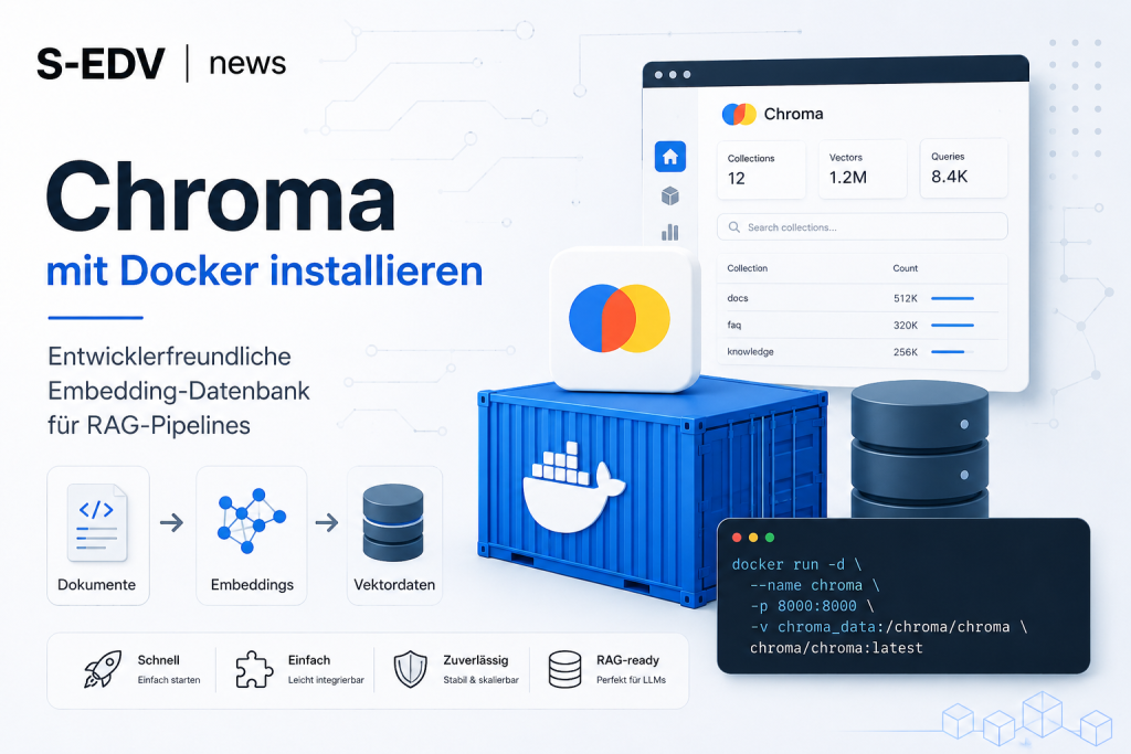 Illustration zur Installation von Chroma mit Docker. Die Grafik zeigt eine moderne Embedding Datenbank für RAG Pipelines mit Docker Container, Vektordatenbank, Dokumenten, Embeddings, Terminal und Dashboard in einer professionellen IT Umgebung. Ideal als