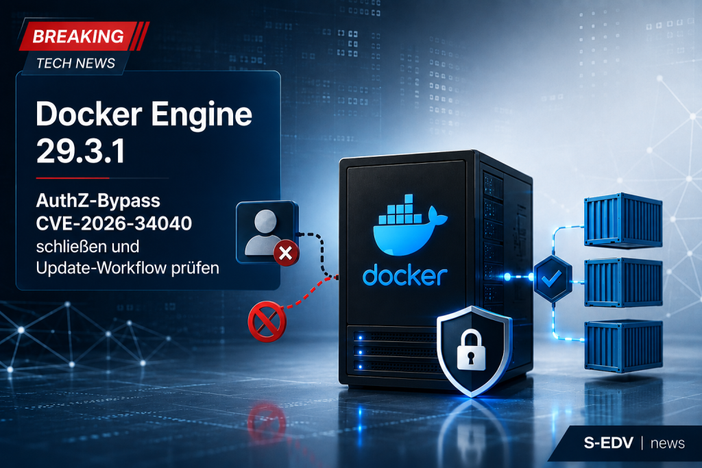 Docker Engine 29.3.1 mit Sicherheitslücke CVE-2026-34040, AuthZ-Bypass und geschütztem Container-Server mit Security-Schild.