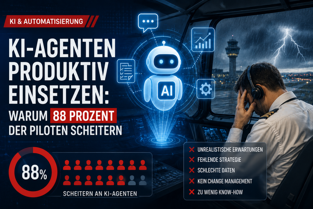 Professionelle IT News Grafik zum Thema KI Agenten im Unternehmenseinsatz. Ein KI Assistent steht einem gestressten Piloten im Cockpit gegenüber und symbolisiert die Herausforderungen bei der Einführung von KI Agenten. Der Fokus liegt auf der hohen Misser