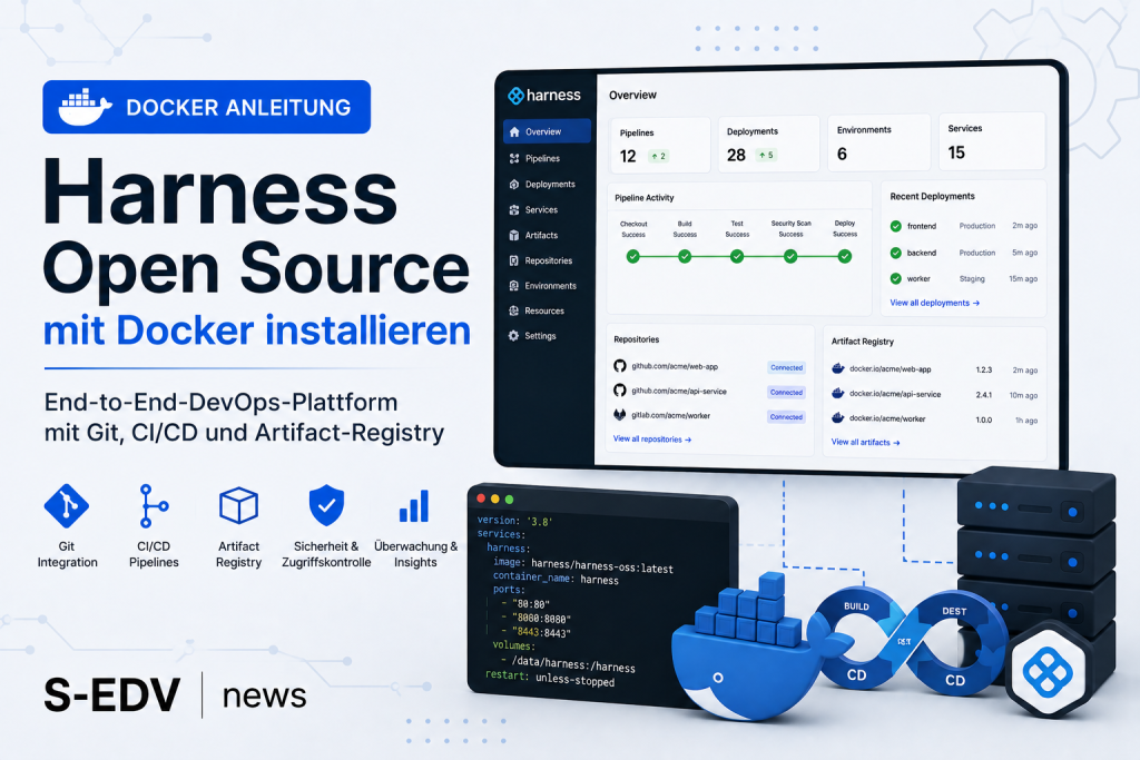 Harness Open Source mit Docker installieren: End-to-End-DevOps-Plattform mit Git-Integration, CI/CD-Pipelines, Artifact-Registry, Deployments, Sicherheitskontrolle und Server-Infrastruktur.