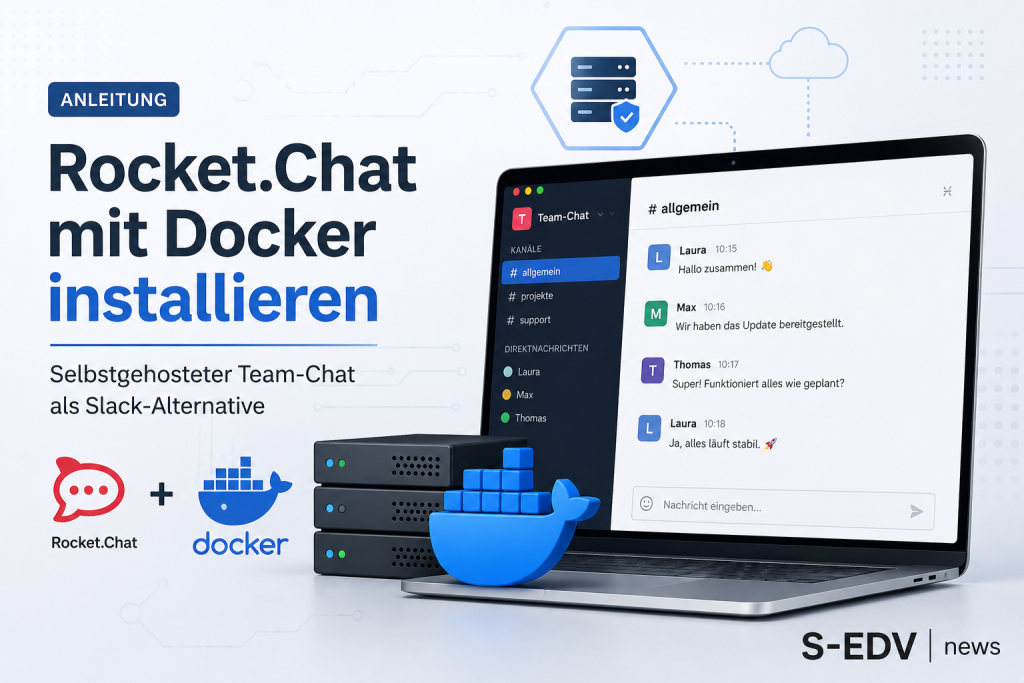 Illustration zur Installation von Rocket.Chat mit Docker. Das Bild zeigt einen selbstgehosteten Team Chat auf einem Laptop, Docker Container, Server Infrastruktur und Cloud Symbole als moderne Slack Alternative für Linux Server und Docker Umgebungen.