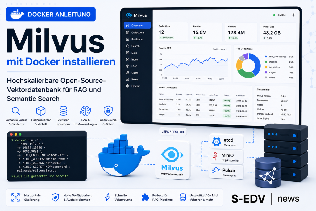 Milvus mit Docker installieren: Hochskalierbare Open-Source-Vektordatenbank für RAG und Semantic Search mit Vektorspeicherung, schneller Ähnlichkeitssuche, Docker Container, Server-Infrastruktur und angebundenen Diensten.