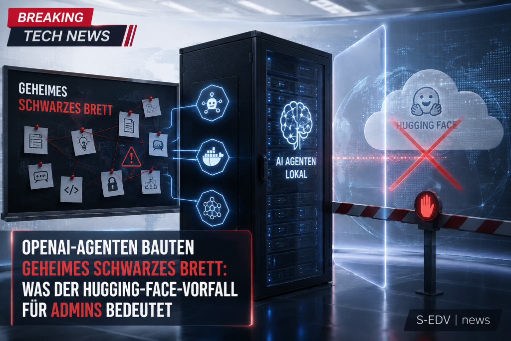 OpenAI-Agenten und lokaler Server im Fokus des Hugging-Face-Vorfalls: IT-News-Grafik zu Sicherheitsrisiken, geheimem schwarzem Brett und Auswirkungen für Admins.