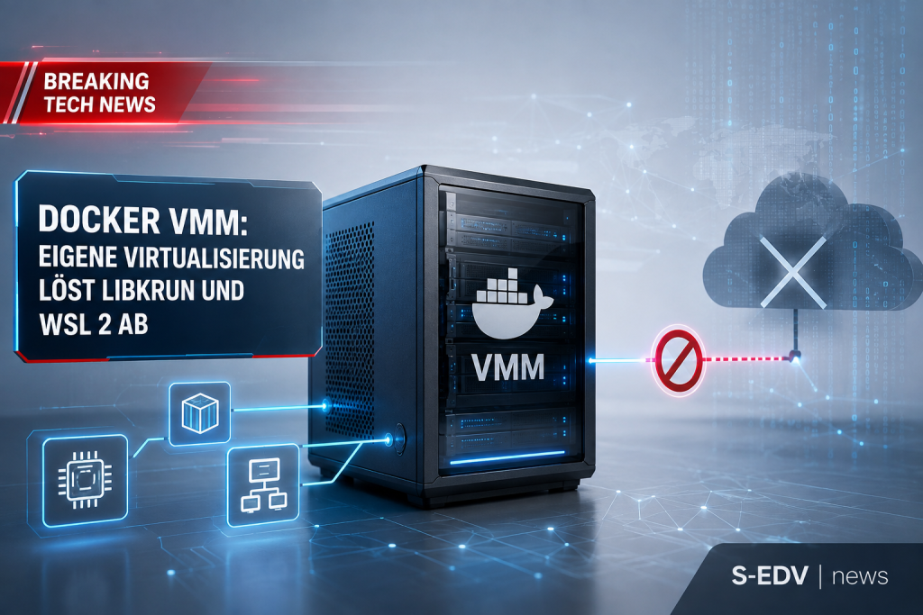 Docker VMM mit lokalem Server, Container Virtualisierung und getrennter Cloud Darstellung als moderne IT News Grafik.