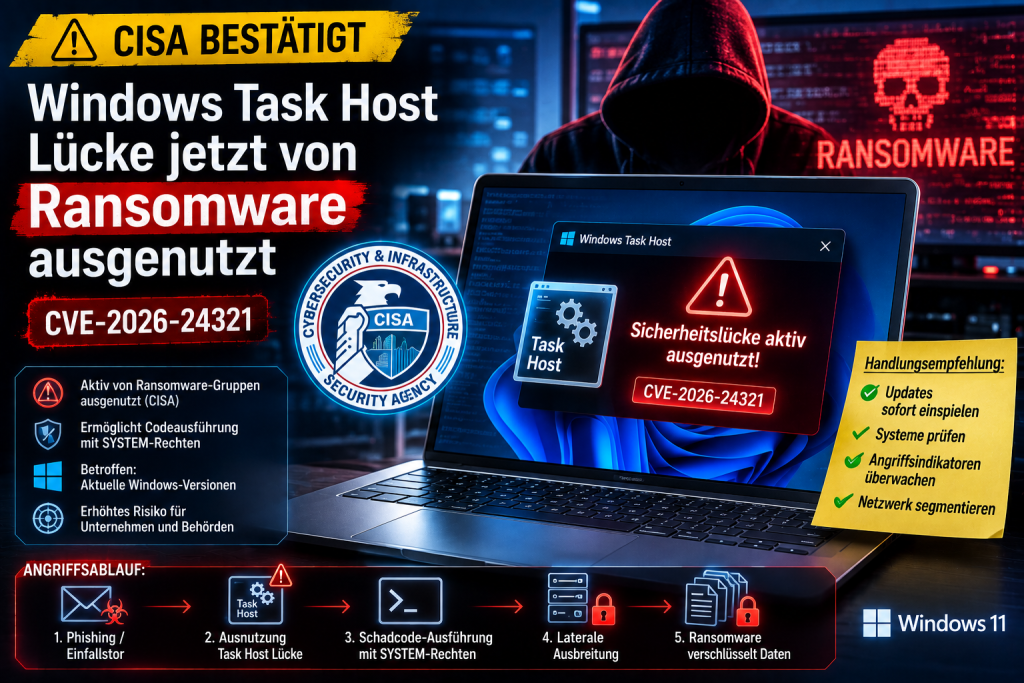 CISA bestätigt aktiv ausgenutzte Windows Task Host Sicherheitslücke durch Ransomware, dargestellt mit Windows 11 Laptop, Cybersecurity Warnungen und Ransomware Angriffsszenario.