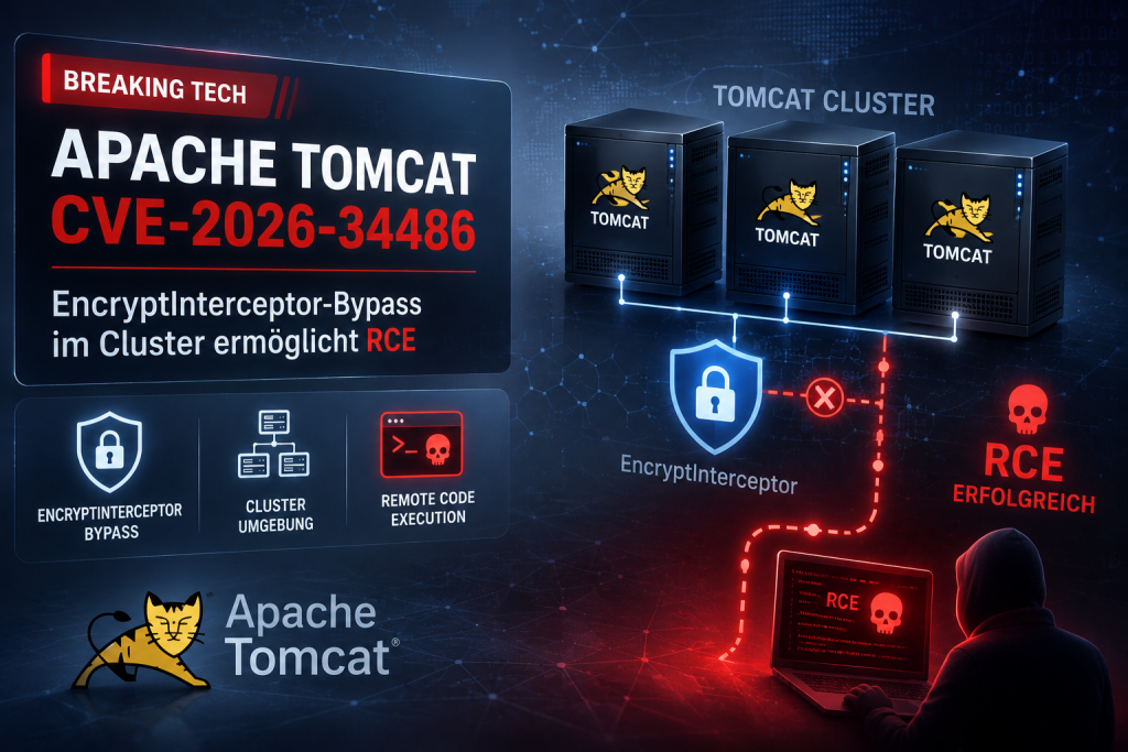 Professionelle IT Sicherheitsgrafik zu Apache Tomcat mit der kritischen Schwachstelle CVE 2026 34486. Das Bild zeigt einen Tomcat Cluster mit EncryptInterceptor Bypass, einen simulierten Angriffsweg und Remote Code Execution. Im Fokus stehen Clustersicher