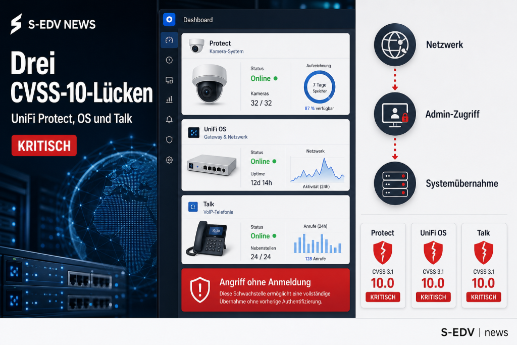Drei kritische CVSS-10-Lücken in UniFi Protect, UniFi OS und UniFi Talk mit visualisiertem Angriffspfad