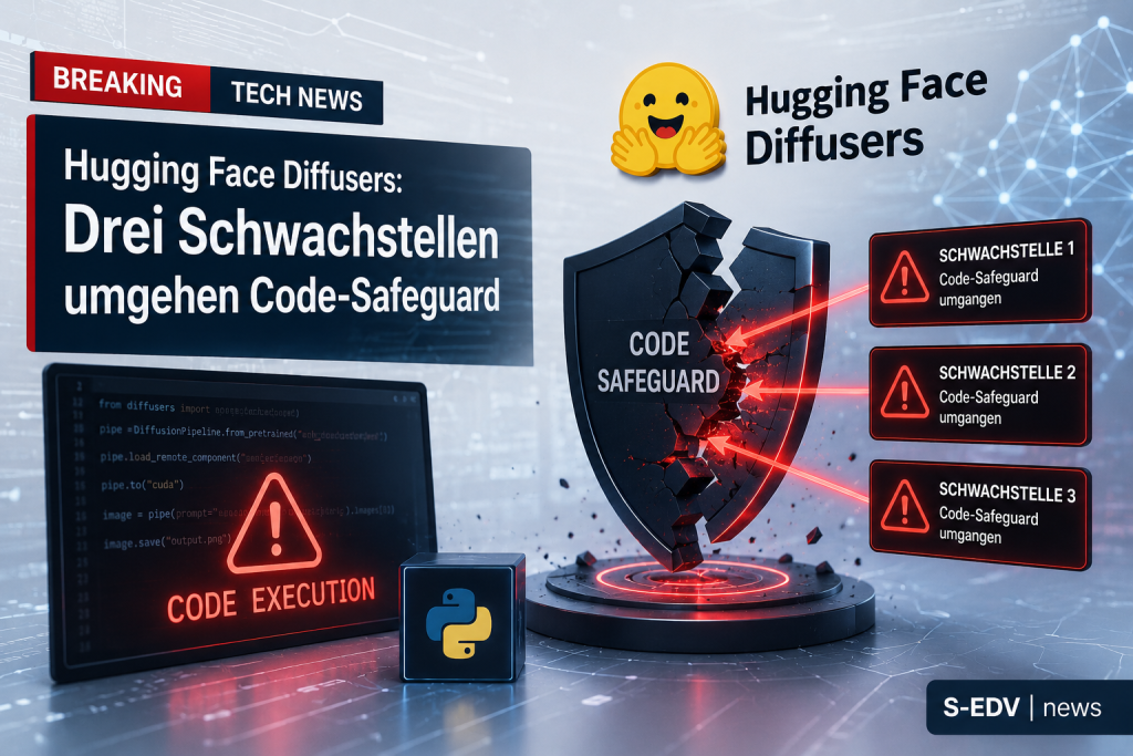 Illustration einer kritischen Sicherheitswarnung für Hugging Face Diffusers. Das Bild zeigt ein durchbrochenes Code Safeguard Schild, mehrere Warnmeldungen zu drei Schwachstellen, einen Bildschirm mit Code Execution Warnung sowie KI und Python Symbole. Di