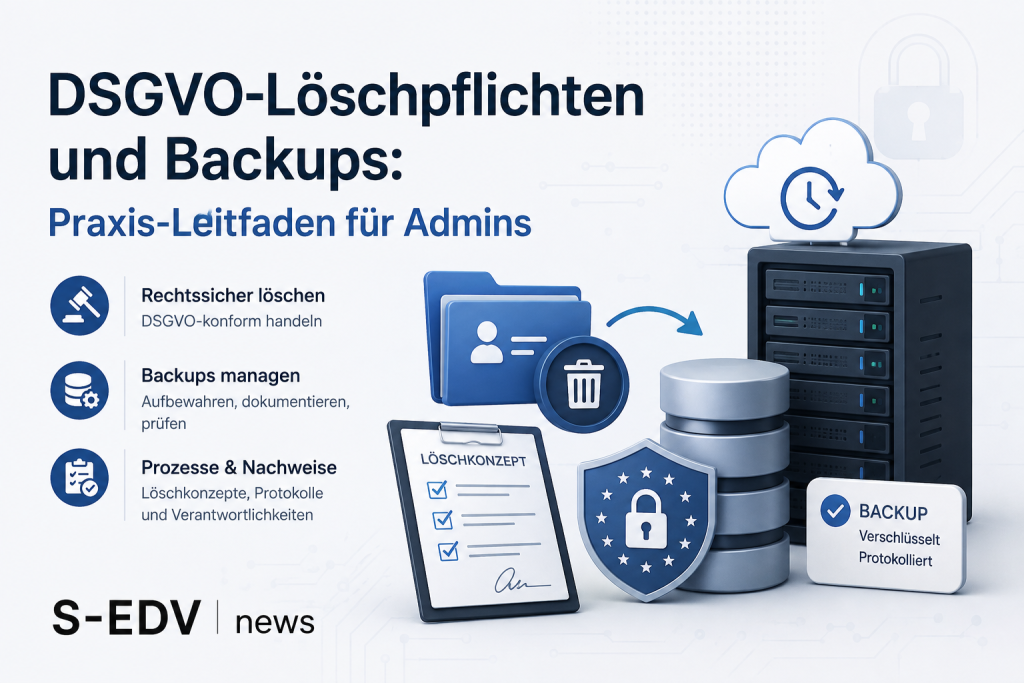 Illustration zum Thema DSGVO Löschpflichten und Backups mit Servern, Datenbanken, Cloud Backup, Löschsymbol, Datenschutz Schild und Checkliste. Die Grafik zeigt die rechtskonforme Verwaltung von Backups, sichere Datenlöschung sowie Dokumentationspflichten