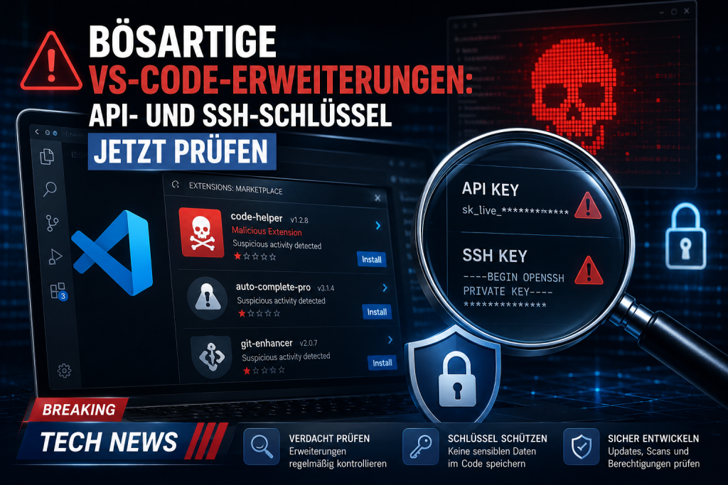 Bösartige VS Code Erweiterungen gefährden API und SSH Schlüssel, dargestellt mit Sicherheitswarnungen, verdächtigen Erweiterungen und geschützten Zugangsdaten.