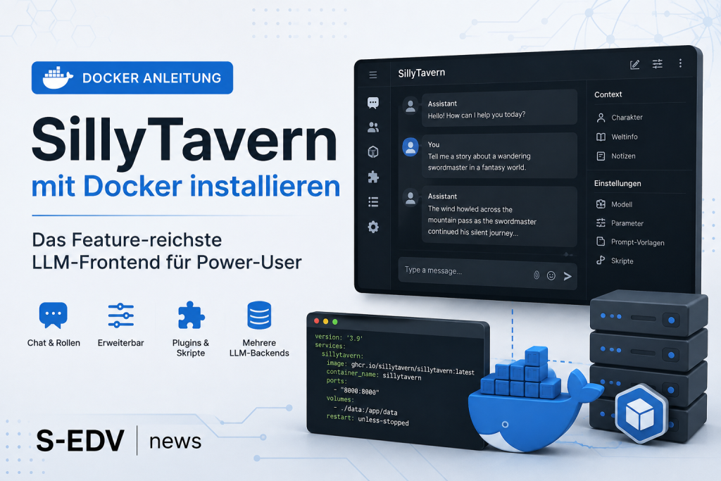 SillyTavern mit Docker installieren, Feature reiches LLM Frontend für Power User mit Chat, Plugins, Skripten, mehreren LLM Backends und Docker Container auf einem Server.