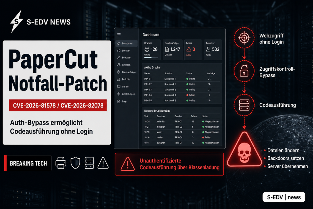 IT-News-Titelbild zur PaperCut NG/MF Sicherheitsluecke: Angriffspfad ueber Auth-Bypass zur Codeausfuehrung, Notfall-Patch CVE-2026-81578 und CVE-2026-82078