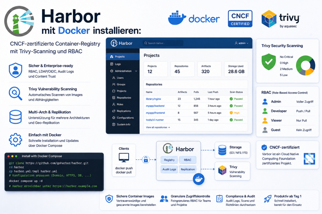 Illustration zur Installation von Harbor mit Docker als CNCF zertifizierte Container Registry. Die Grafik zeigt eine sichere Self Hosting Lösung mit Docker Containern, Trivy Schwachstellen Scanning, rollenbasierter Zugriffskontrolle RBAC, Container Image