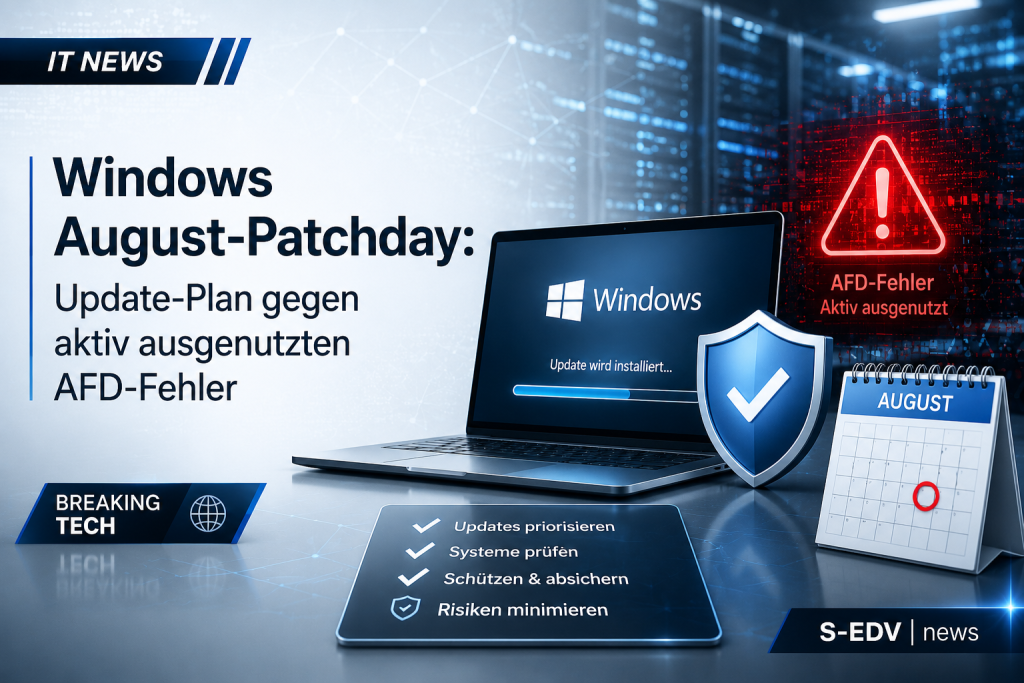 Windows August Patchday mit Update-Plan gegen einen aktiv ausgenutzten AFD-Fehler, dargestellt mit Windows-Laptop, Sicherheitswarnung, Schutzschild und August-Kalender.