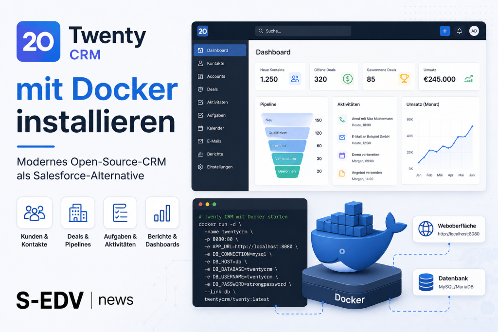 Twenty CRM mit Docker installieren: Modernes Open-Source-CRM als Salesforce-Alternative mit CRM-Dashboard, Kundenverwaltung, Deals, Pipelines und Docker-Container.