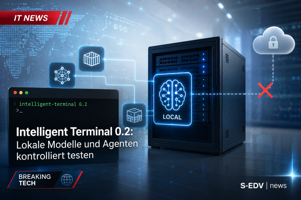 Intelligent Terminal 0.2 mit lokalem KI-Server, lokalen Modellen und Agenten, getrennt von der Cloud in einer modernen IT-News-Darstellung.