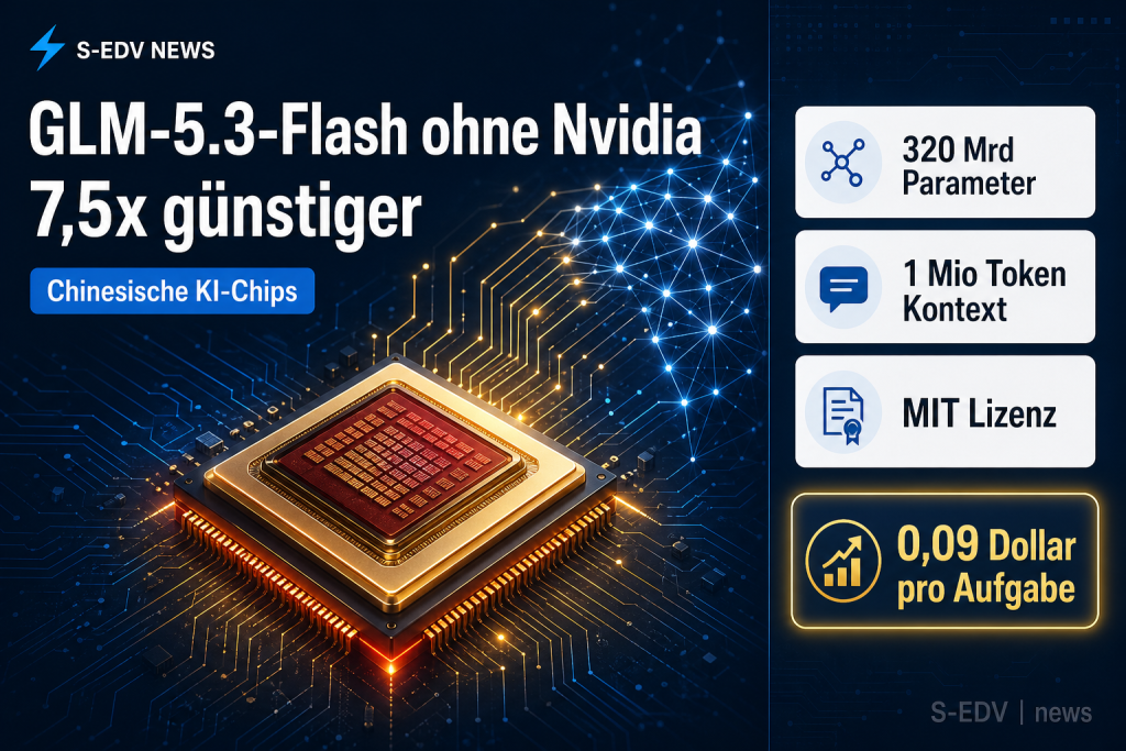GLM-5.3-Flash ohne Nvidia, 7,5x günstiger, chinesische KI-Chips, 320 Mrd Parameter, 1 Mio Token Kontext, MIT Lizenz