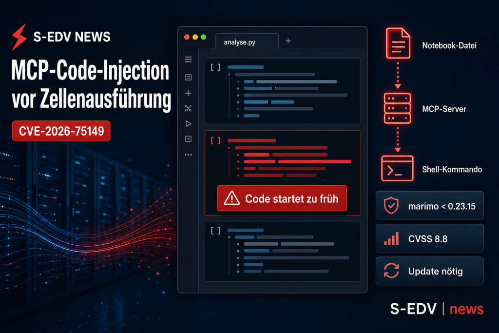 MCP-Code-Injection in marimo vor der Zellenausführung mit visualisiertem Angriffspfad vom Notebook zum Shell-Kommando