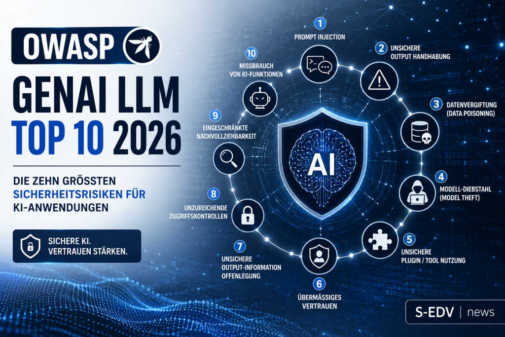 Professionelle IT Sicherheitsgrafik zur OWASP GenAI LLM Top 10 2026. Das Bild zeigt ein KI Schutzschild mit zehn zentralen Sicherheitsrisiken für generative KI Anwendungen, darunter Prompt Injection, Data Poisoning, Model Theft und unsichere Plugin Nutzun