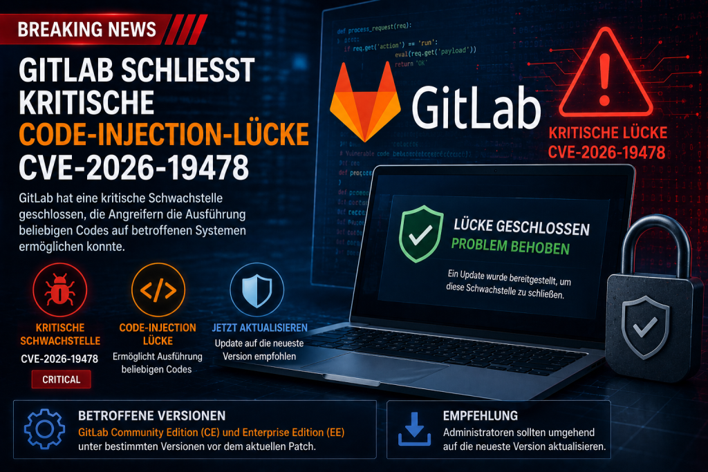 GitLab schließt die kritische Code-Injection-Schwachstelle CVE-2026-19478, dargestellt mit GitLab, Sicherheitswarnungen, Code und einem geschützten Laptop.