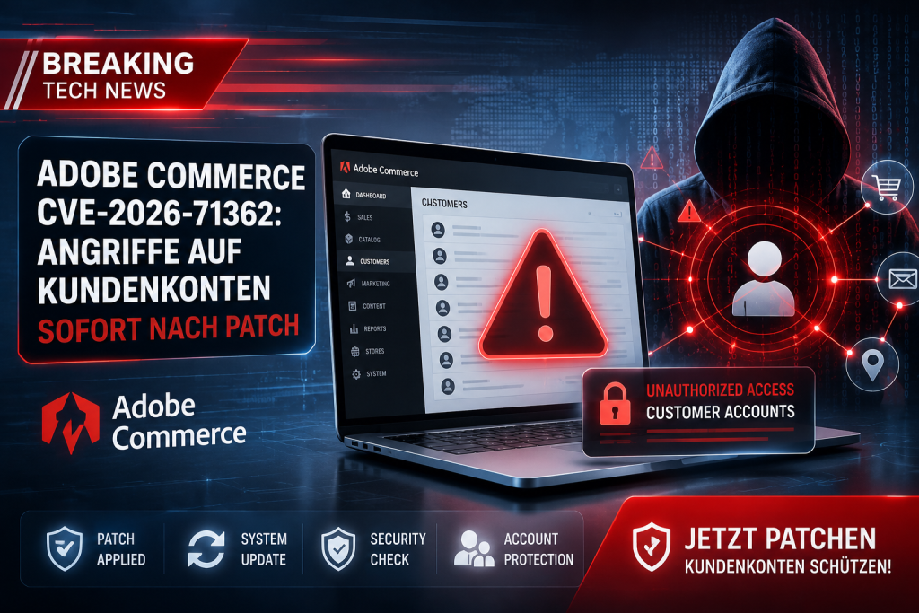 Adobe Commerce CVE-2026-71362: IT-Sicherheitsgrafik mit gehackten Kundenkonten, Cyberangriff und dringendem Patch-Hinweis.