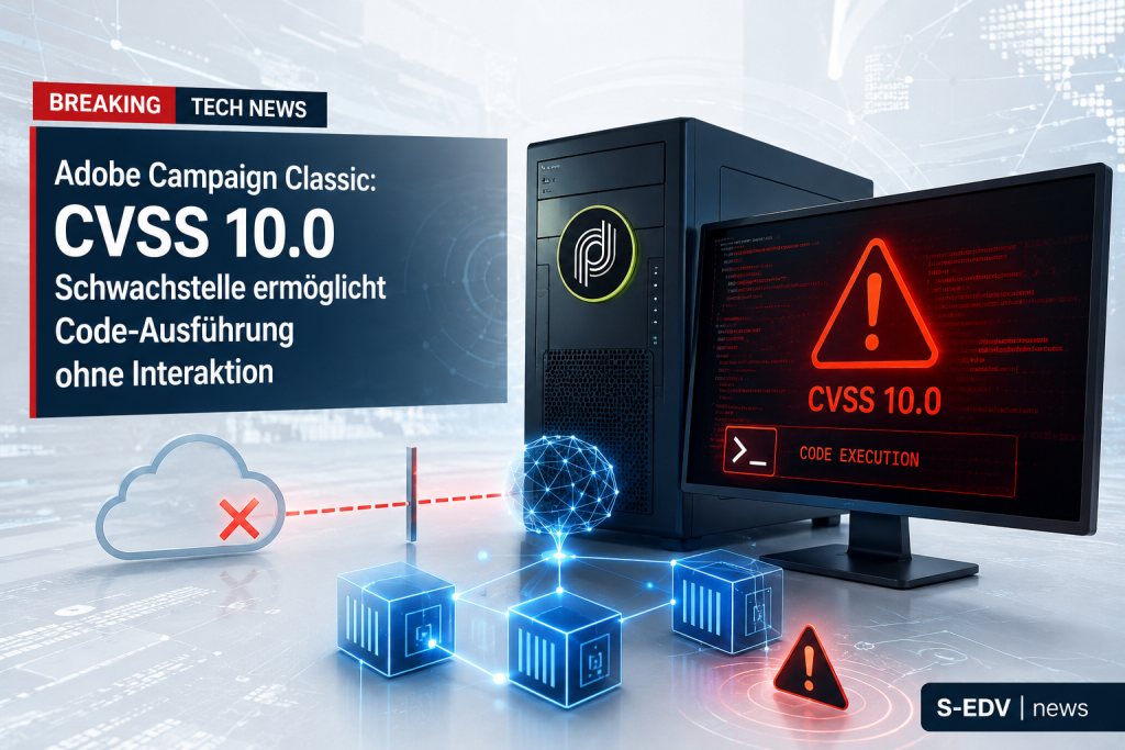 Adobe Campaign Classic Sicherheitslücke mit maximalem CVSS 10.0 Wert. Das Bild zeigt einen Server, einen Monitor mit Warnsymbol und Code Execution Hinweis sowie digitale Netzwerkstrukturen. Die Grafik symbolisiert eine kritische Schwachstelle, die eine Re