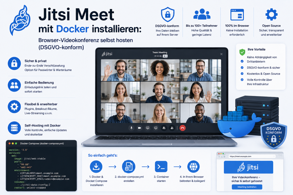 Illustration zur Installation von Jitsi Meet mit Docker für DSGVO konforme Browser Videokonferenzen im Self Hosting. Die Grafik zeigt einen Docker Server mit Jitsi Meet, verschlüsselte Videokonferenzen, Docker Compose Einrichtung, sichere Benutzeranmeldun