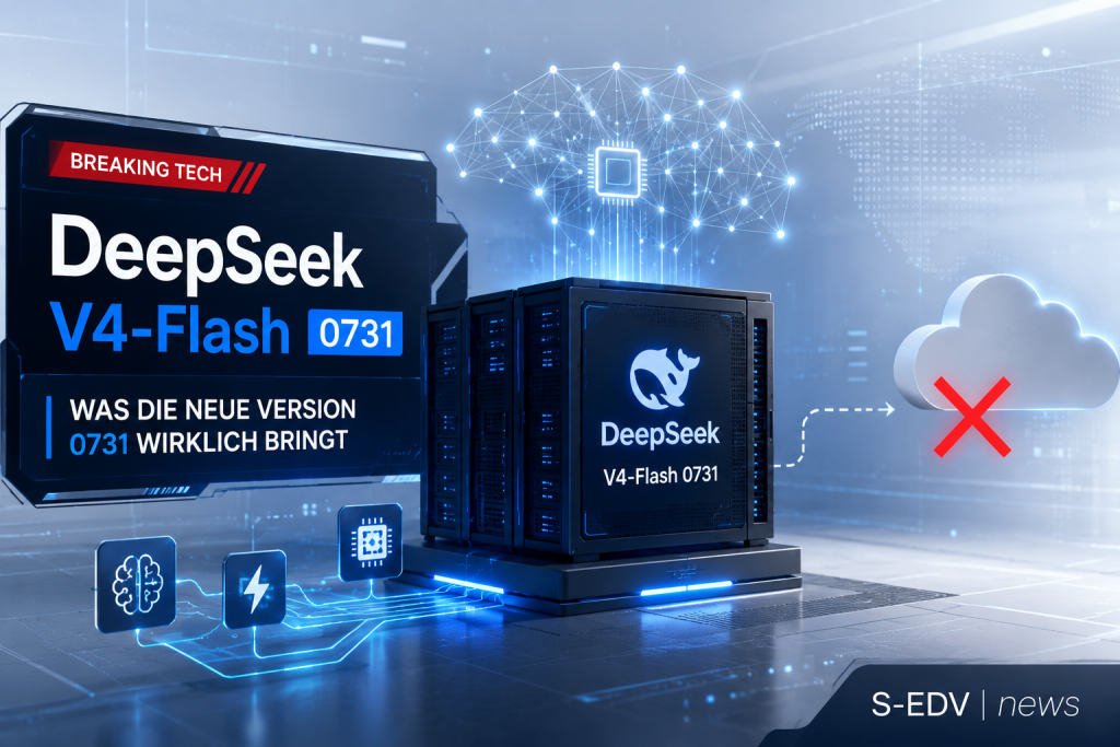 DeepSeek V4 Flash 0731 IT News Grafik mit lokalem KI Server, neuronalen Netzwerken und Cloud Trennung. Moderne Visualisierung der neuen DeepSeek Version 0731 mit Fokus auf lokale KI Ausführung, hohe Performance und professionelle Technologie News Darstell
