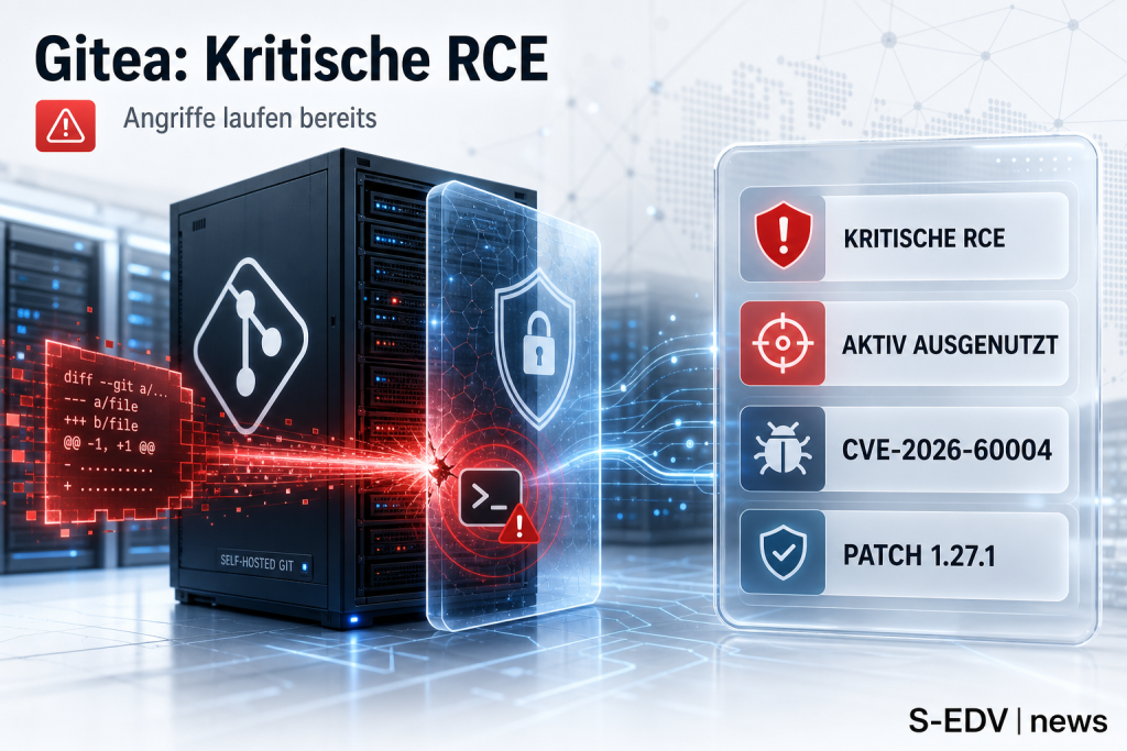 Helles IT-News-Motiv zu Gitea CVE-2026-60004 mit angegriffenem Git-Server, RCE-Warnung und Patch-Hinweis auf Version 1.27.1.