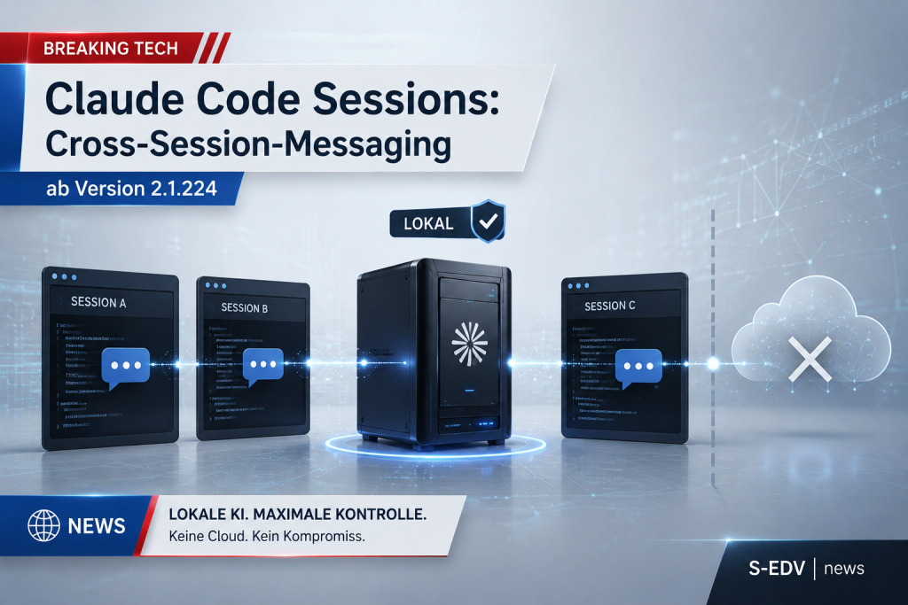 Claude Code Sessions mit Cross-Session-Messaging ab Version 2.1.224, dargestellt mit mehreren verbundenen KI-Sessions und lokalem Server ohne Cloud-Anbindung.