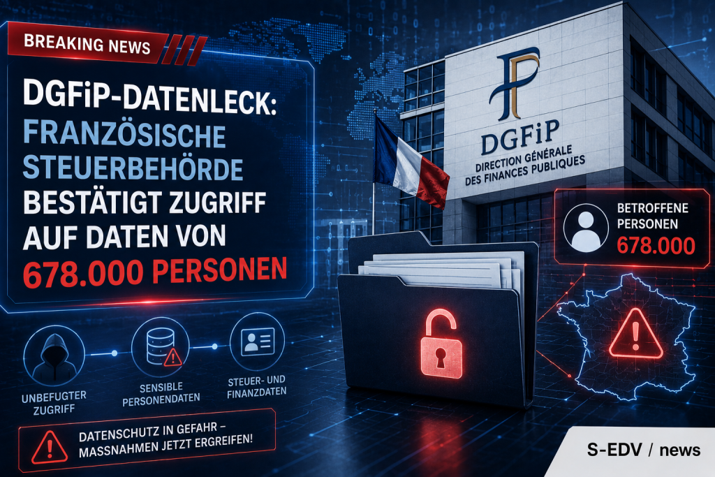 DGFiP-Datenleck bei der französischen Steuerbehörde mit bestätigtem Zugriff auf Daten von 678.000 Personen, dargestellt mit Steuerdaten, geöffnetem Sicherheitsschloss und Cybersecurity-Warnsymbolen.
