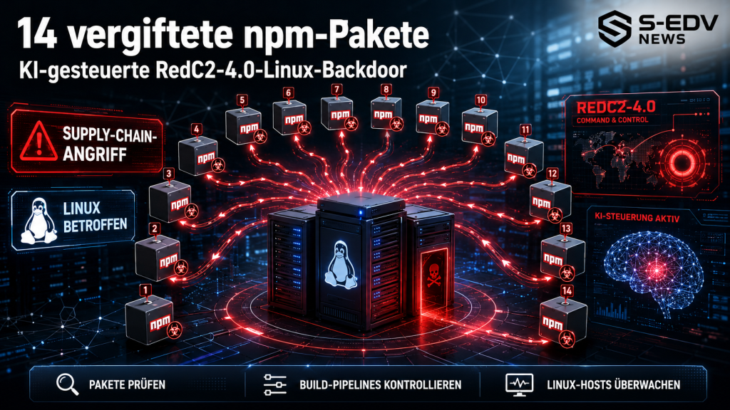 14 vergiftete npm Pakete schleusen die KI gesteuerte RedC2 4.0 Backdoor in Linux Systeme ein und gefährden Software Supply Chains, Build Pipelines und Server.