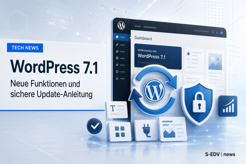 WordPress 7.1 mit neuen Funktionen, aktualisiertem Dashboard sowie sicherem Update-Konzept mit Schutzschild und Update-Symbol.