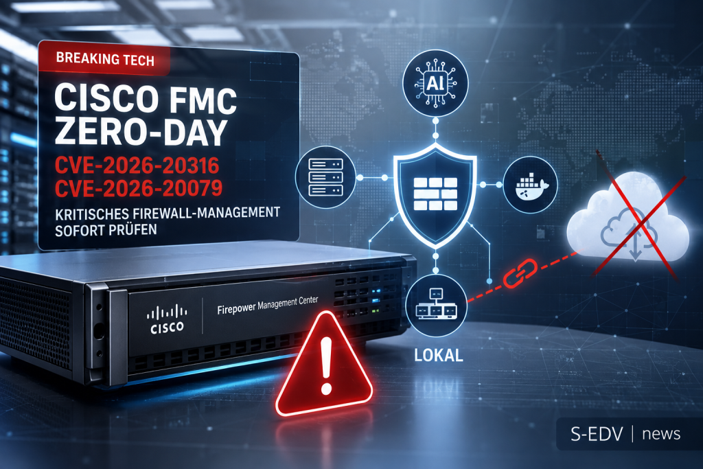 Cisco Firepower Management Center (FMC) mit Warnsymbol vor digitalem Netzwerkhintergrund. Die Grafik visualisiert die kritischen Zero Day Schwachstellen CVE 2026 20316 und CVE 2026 20079, die das Firewall Management betreffen. Im Fokus stehen Cyberangriff