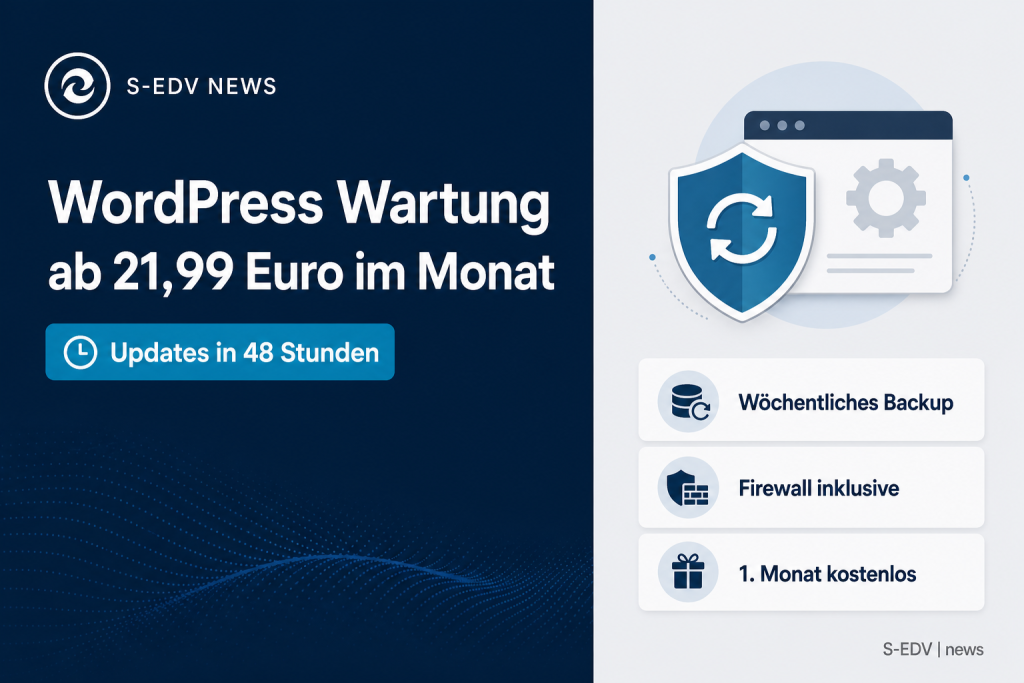 WordPress Wartung ab 21,99 Euro im Monat, Updates in 48 Stunden, wöchentliches Backup, Firewall inklusive, 1. Monat kostenlos