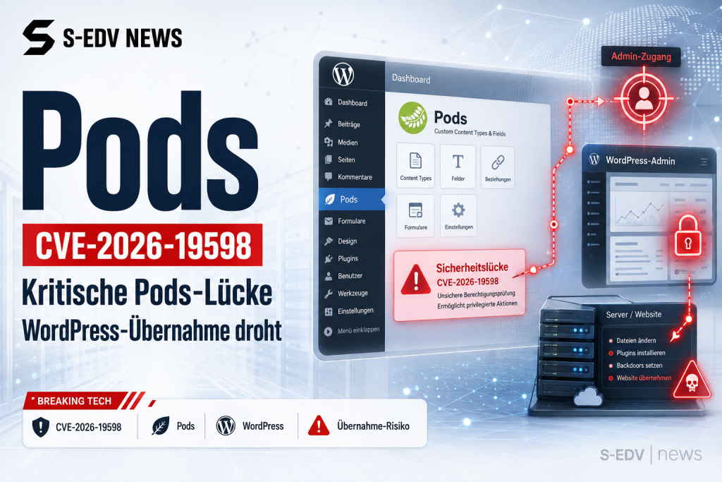 Kritische Pods Sicherheitslücke CVE-2026-19598 mit visualisiertem Angriffspfad auf WordPress Admin und drohender Übernahme der Website.