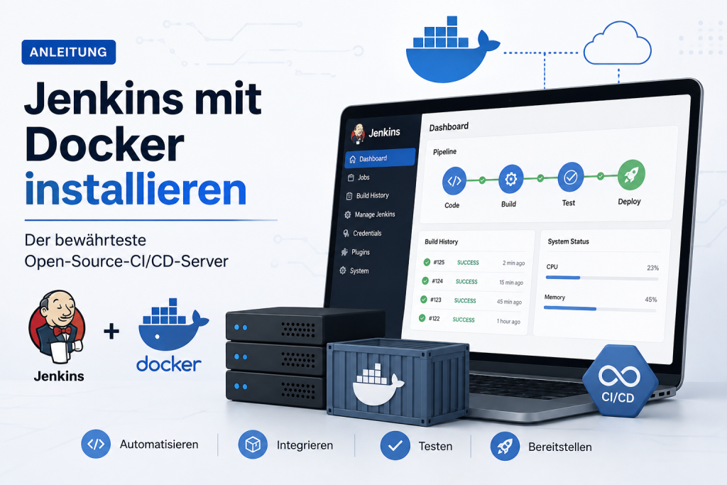 Illustration zur Installation von Jenkins mit Docker. Das Bild zeigt einen CI/CD Server mit Build Pipeline, Docker Containern, Server Infrastruktur und einem modernen Dashboard für Continuous Integration und Continuous Deployment in einer Linux Umgebung.