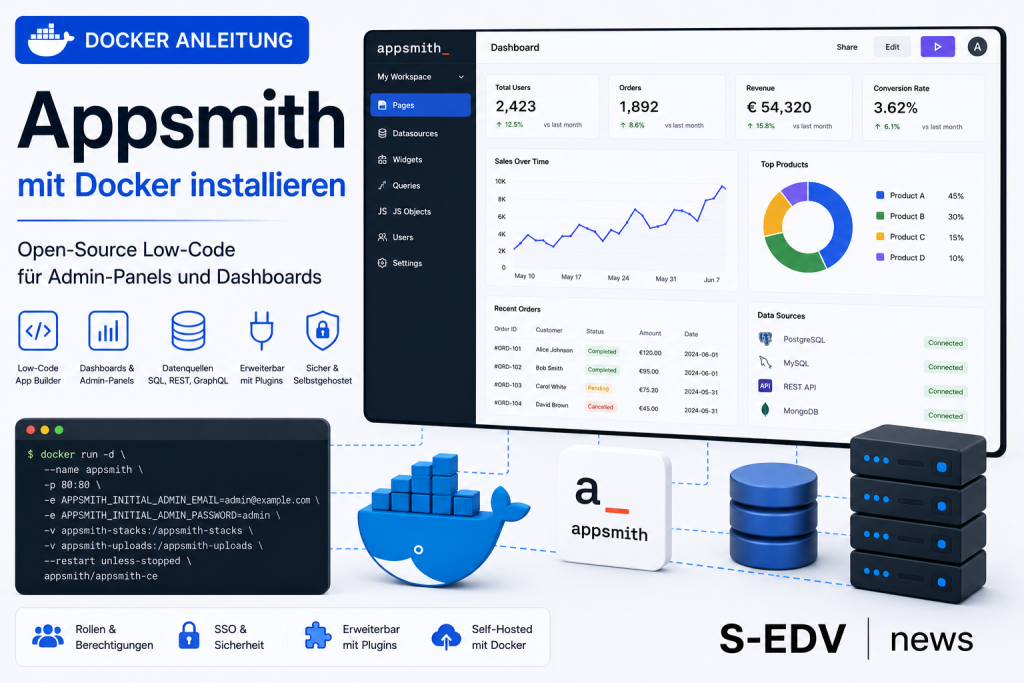 Appsmith mit Docker installieren: Open Source Low Code Plattform für Admin Panels und Dashboards mit SQL, REST und GraphQL Datenquellen, visuellen Dashboards, Plugins, Berechtigungen und selbstgehosteter Docker Infrastruktur.