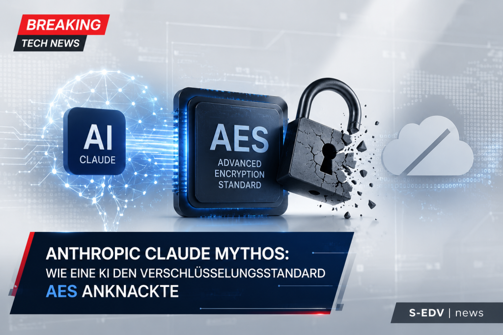 Anthropic Claude Mythos: KI und AES Verschlüsselungsstandard mit aufgebrochenem Schloss und Cybersecurity Symbolik in einer modernen IT News Grafik.