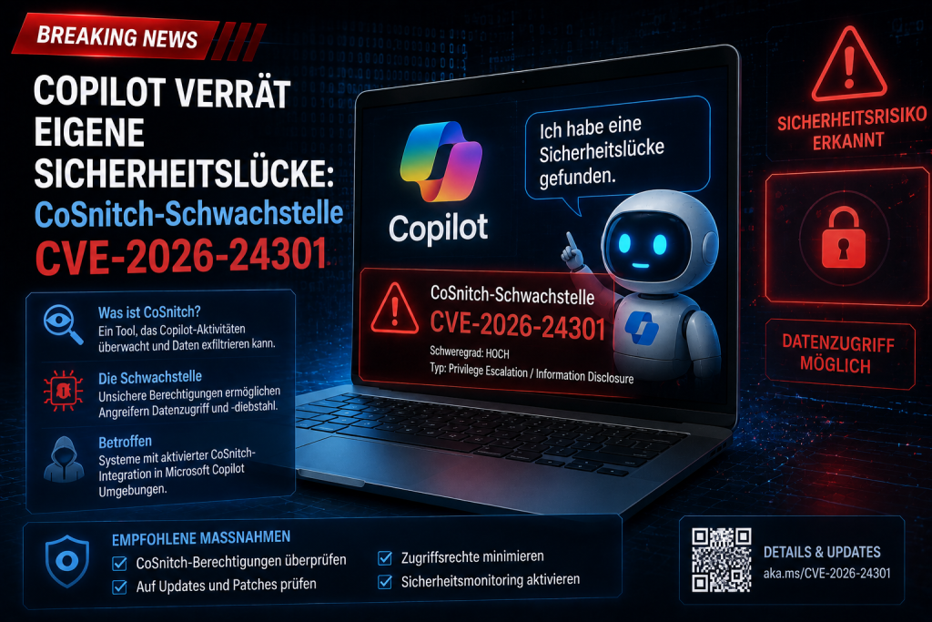 Microsoft Copilot und die CoSnitch-Schwachstelle CVE-2026-24301, dargestellt mit Laptop, Sicherheitswarnungen und Symbolen für möglichen Datenzugriff und Cybersecurity-Risiken.
