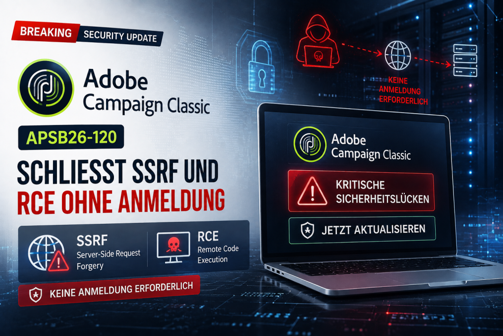 Adobe Campaign Classic APSB26-120 Sicherheitswarnung mit kritischen SSRF und Remote Code Execution Schwachstellen. Die IT News Grafik zeigt eine Cybersecurity Darstellung mit Servern, Warnsymbolen und einem Angriff ohne Anmeldung, der durch das Sicherheit