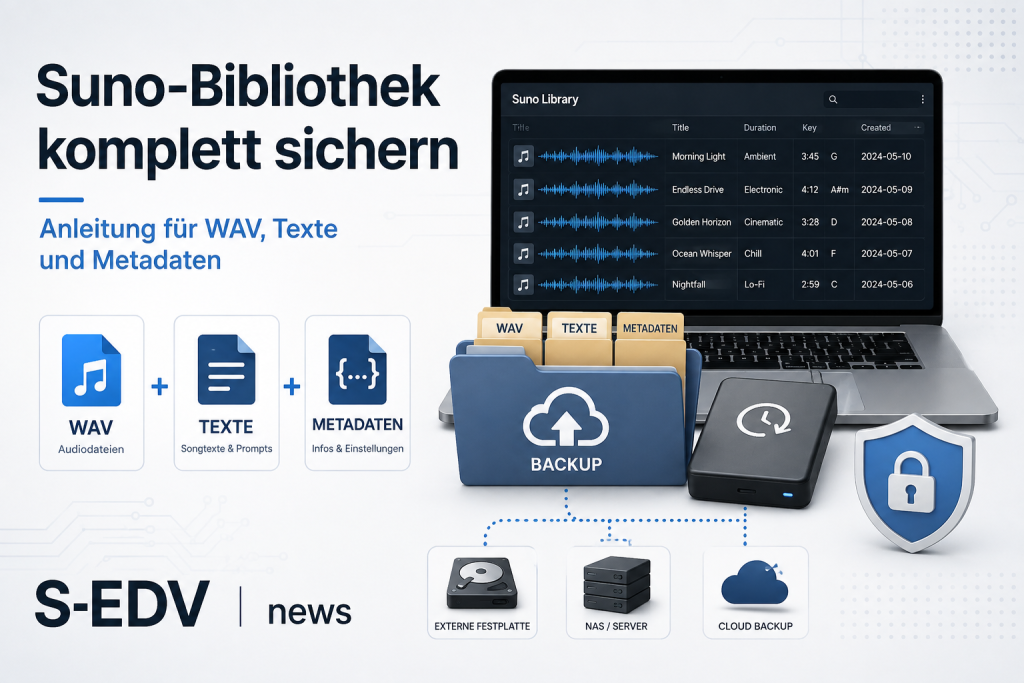 Suno-Bibliothek komplett sichern: WAV-Dateien, Songtexte und Metadaten für ein vollständiges Backup speichern
