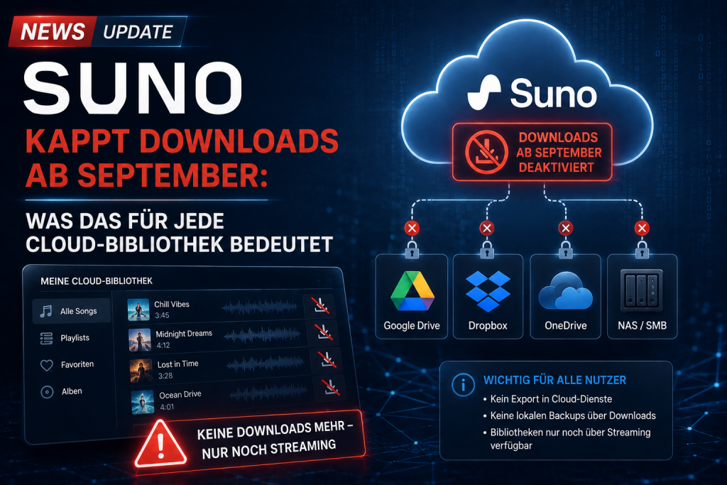 Suno Downloads ab September deaktiviert: Auswirkungen auf Cloud-Bibliotheken und lokale Musik-Backups