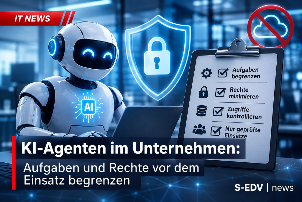KI-Agenten im Unternehmen mit Sicherheitskonzept, begrenzten Aufgaben und Zugriffsrechten, dargestellt durch KI-Roboter, Schutzschild und Kontrollliste.
